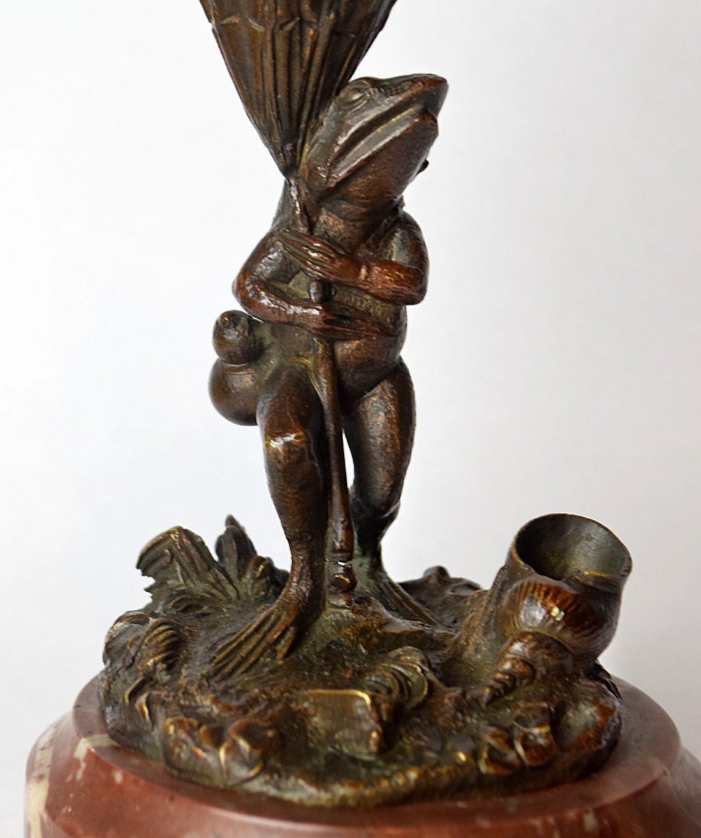 Bronze Frog Sheltering Under A Flower 19th Century-photo-3