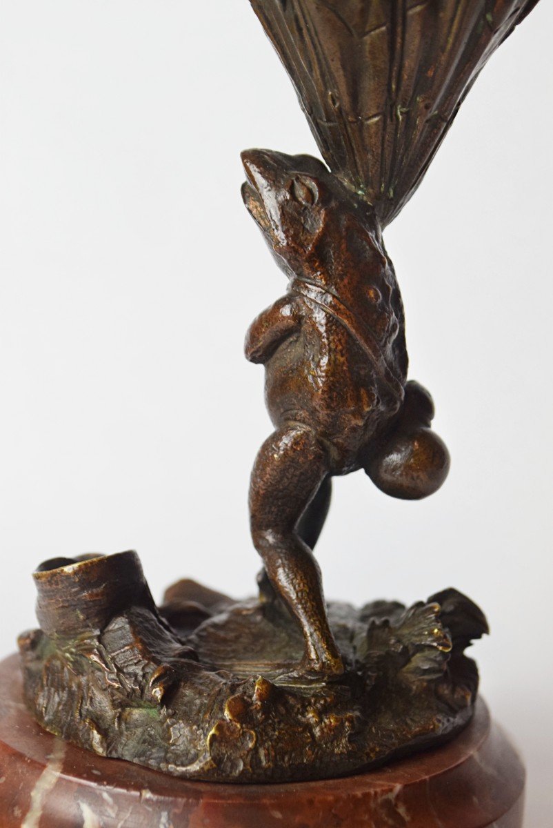 Bronze Frog Sheltering Under A Flower 19th Century-photo-5