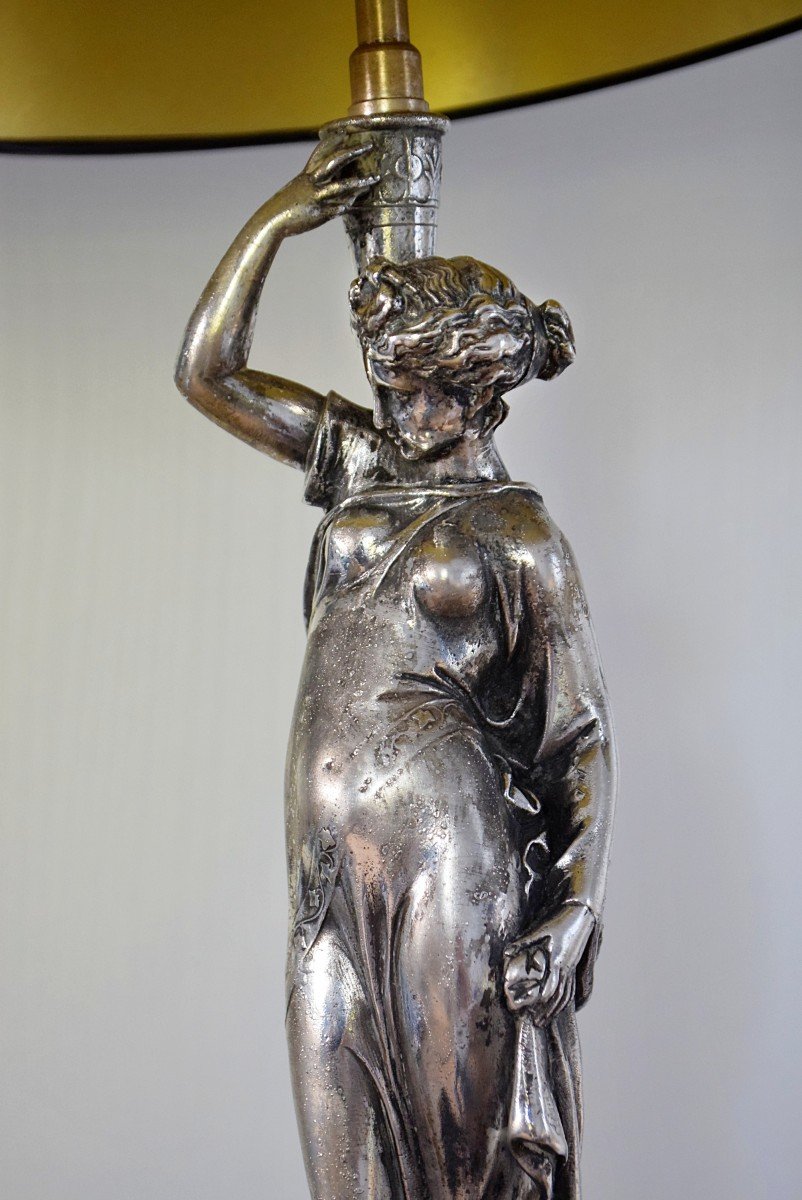 Antique Woman Lamp In Silver Metal, Goddess, Early 20th Century -photo-2