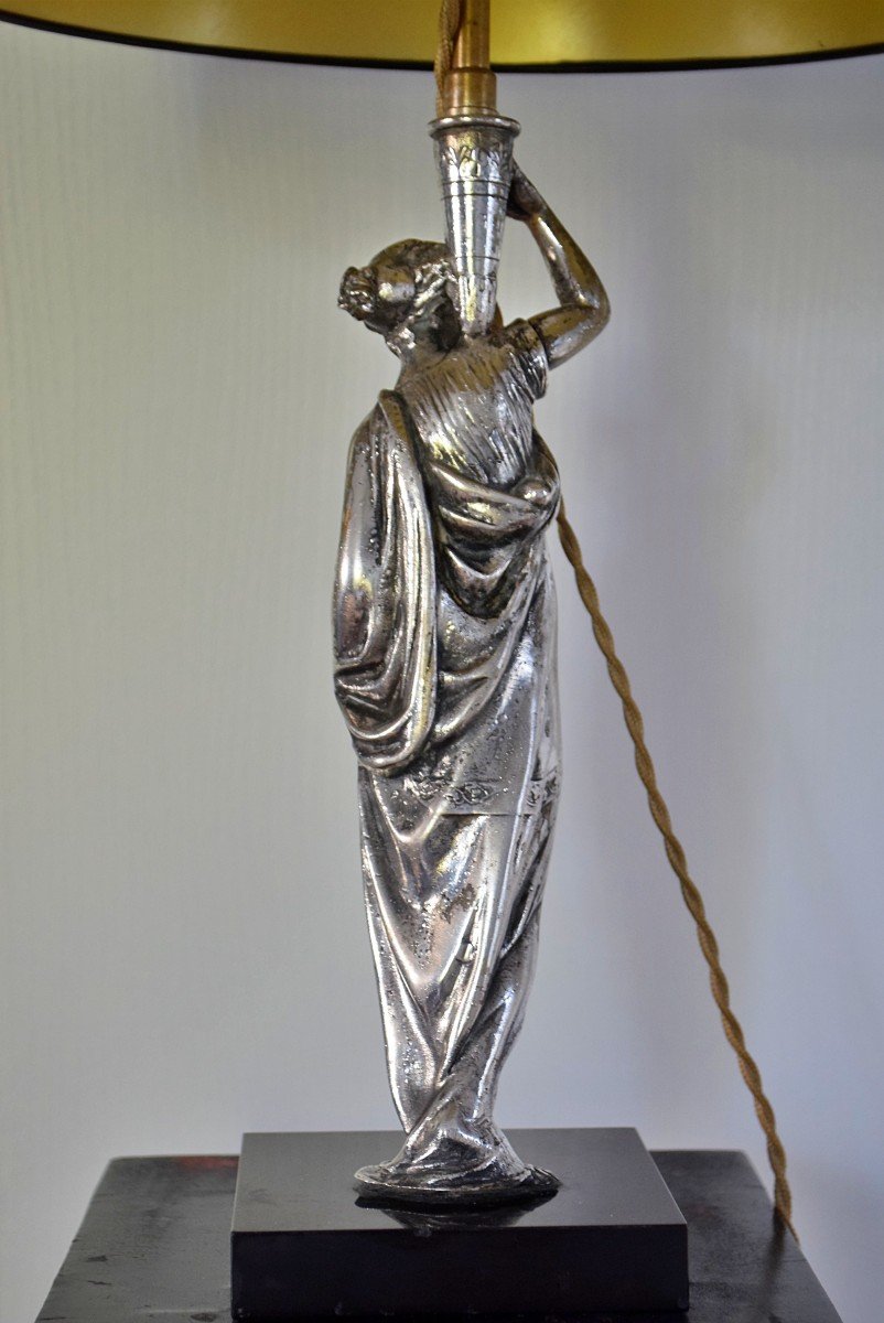 Antique Woman Lamp In Silver Metal, Goddess, Early 20th Century -photo-7