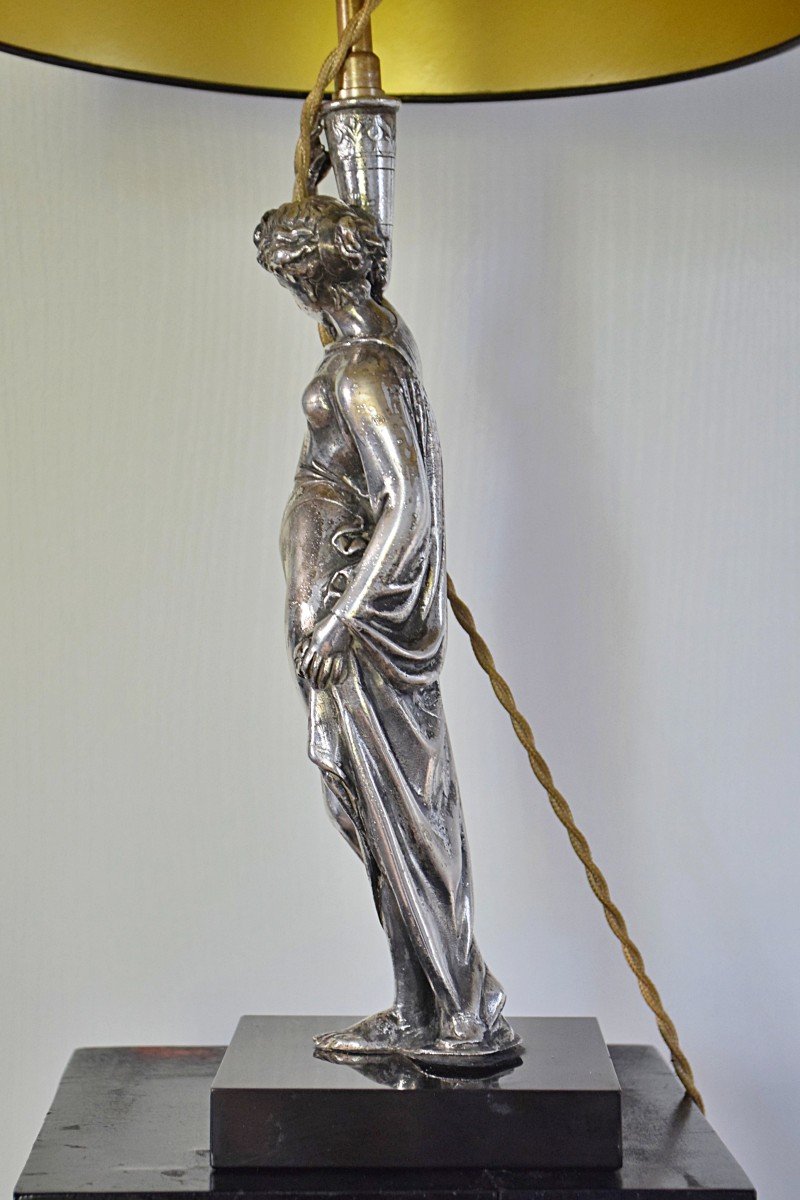 Antique Woman Lamp In Silver Metal, Goddess, Early 20th Century -photo-8