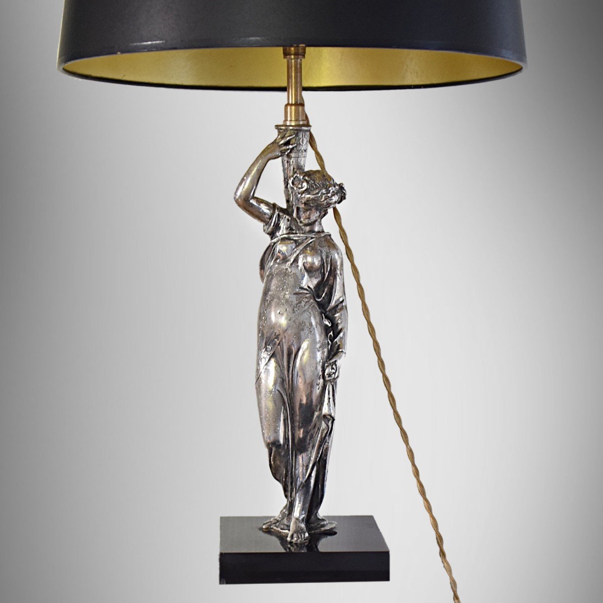 Antique Woman Lamp In Silver Metal, Goddess, Early 20th Century 