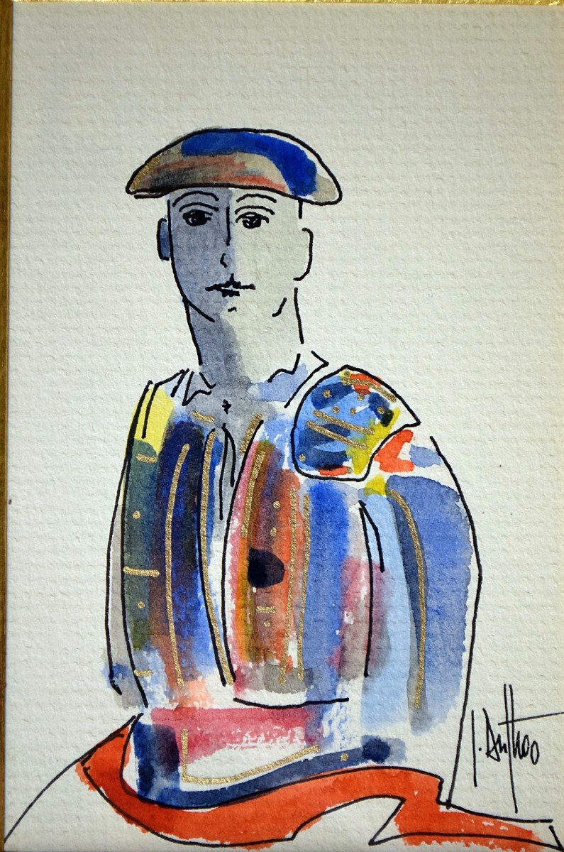 Jacques Duthoo Watercolor And Ink The Matador Or Torero-photo-2