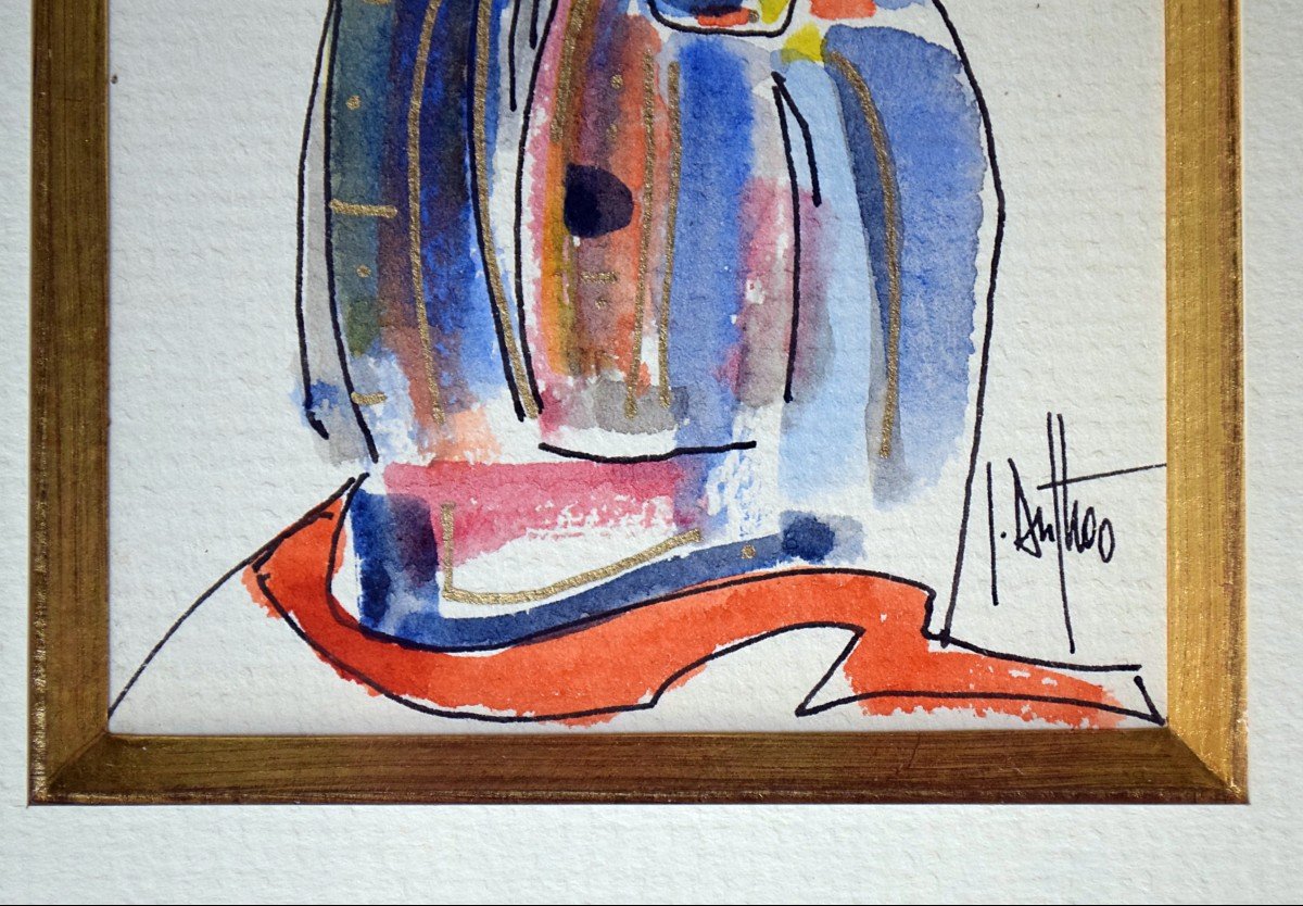 Jacques Duthoo Watercolor And Ink The Matador Or Torero-photo-3