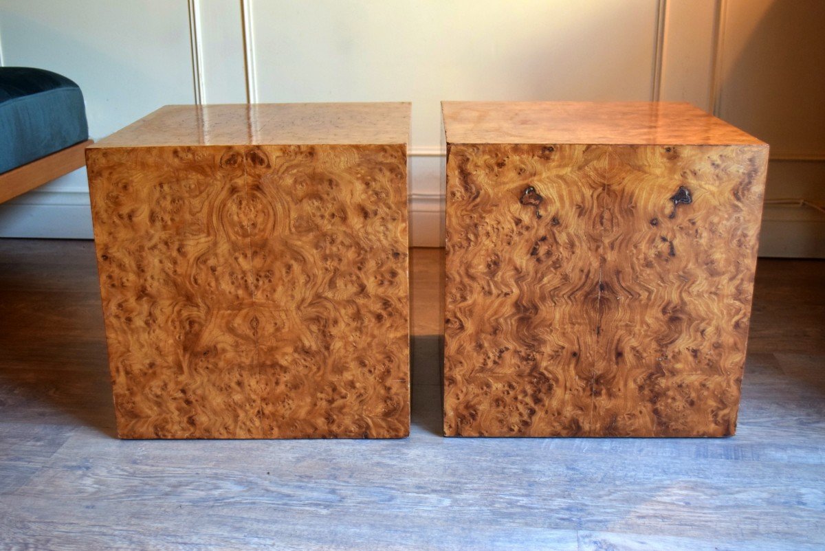 Pair Of Cubic Elm Burl End Tables Circa 1970 Side Tables Bedside Tables-photo-3