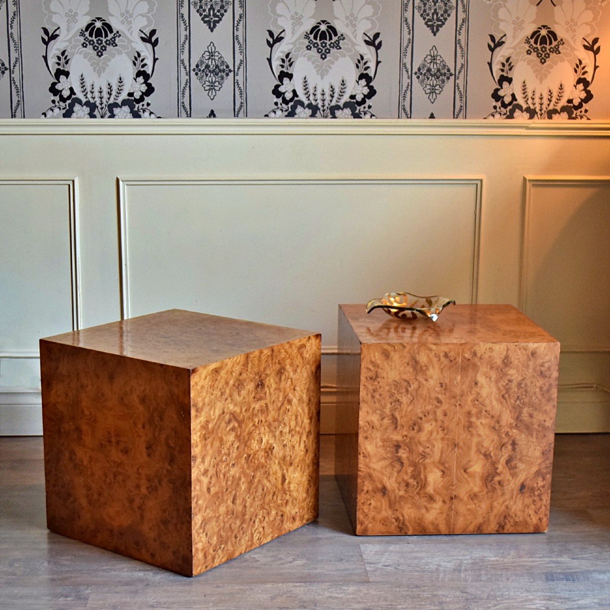 Pair Of Cubic Elm Burl End Tables Circa 1970 Side Tables Bedside Tables