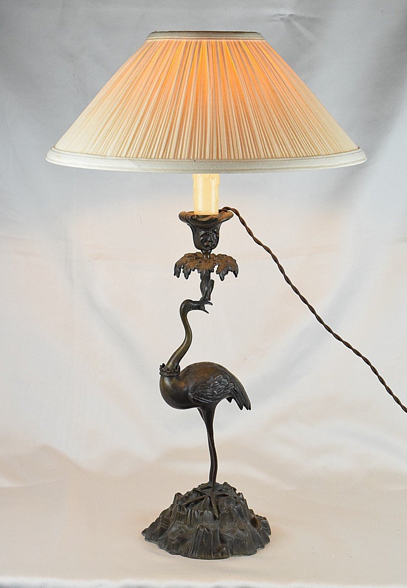 Japanese Crane Bronze Lamp Meiji Era (1868-1912)-photo-2