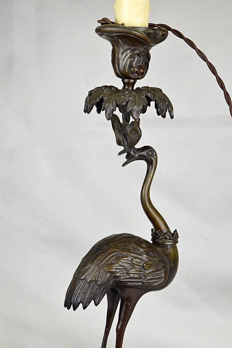 Japanese Crane Bronze Lamp Meiji Era (1868-1912)-photo-3