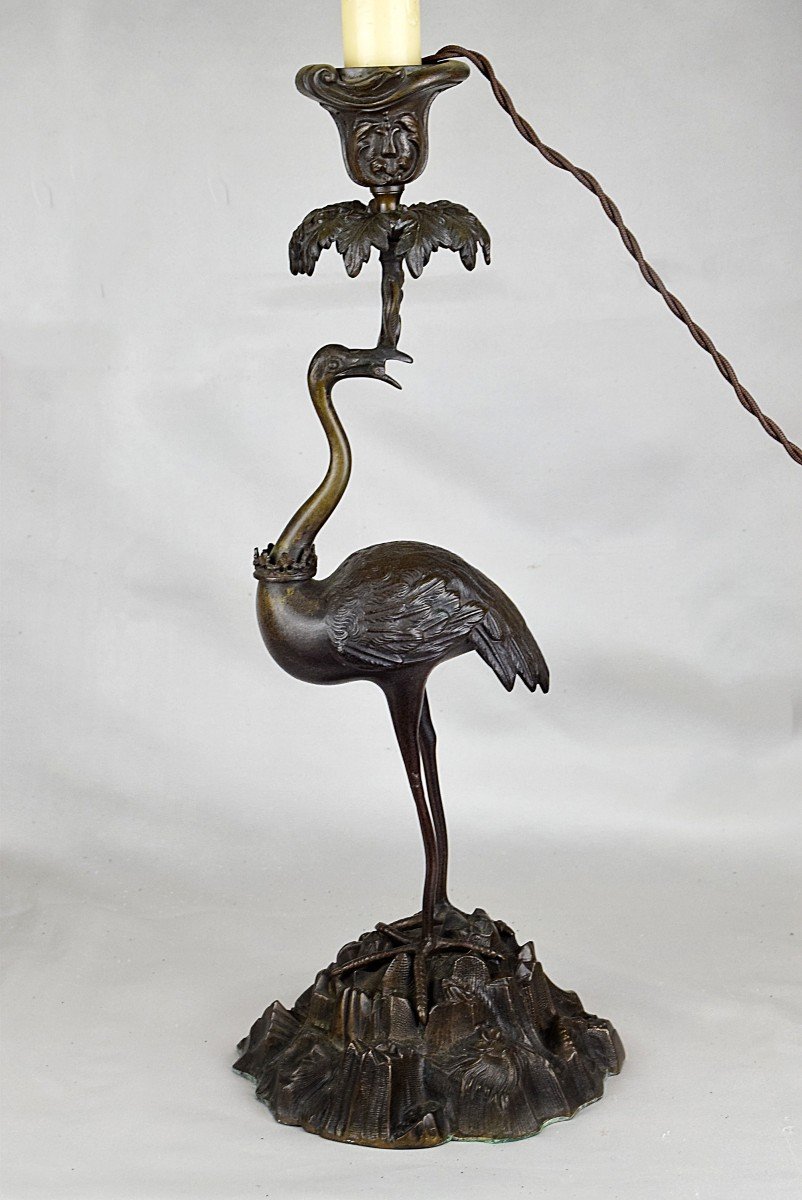 Japanese Crane Bronze Lamp Meiji Era (1868-1912)-photo-4