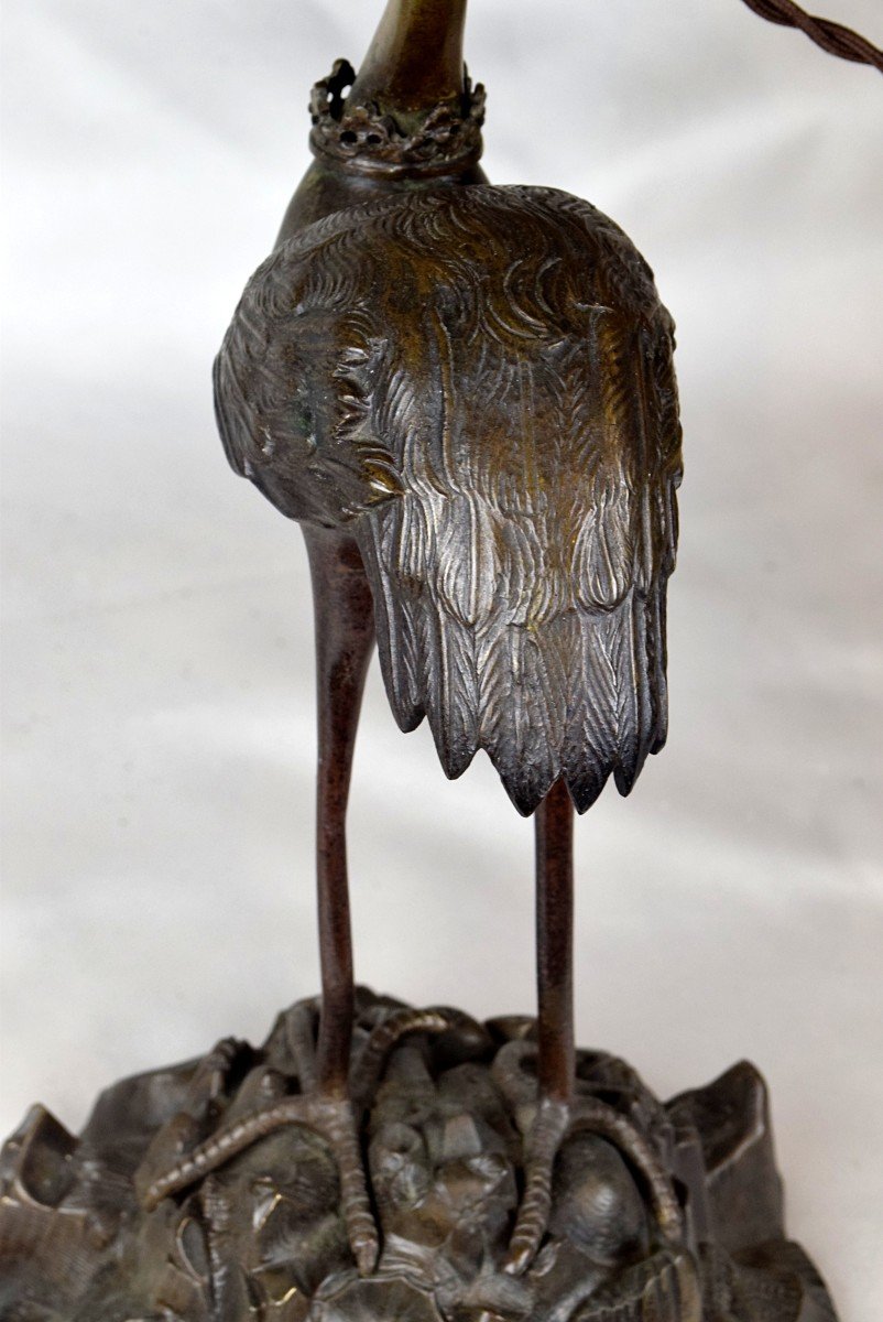 Japanese Crane Bronze Lamp Meiji Era (1868-1912)-photo-3