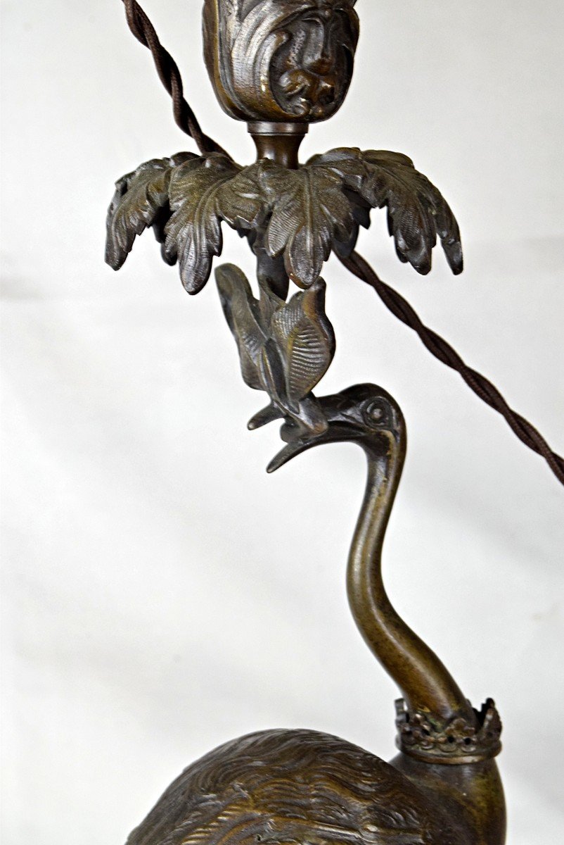 Japanese Crane Bronze Lamp Meiji Era (1868-1912)-photo-4