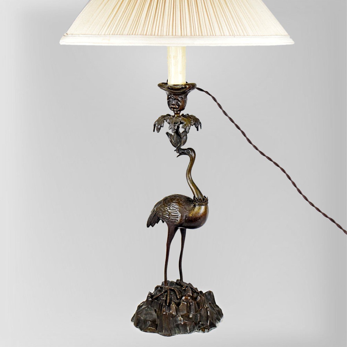 Japanese Crane Bronze Lamp Meiji Era (1868-1912)