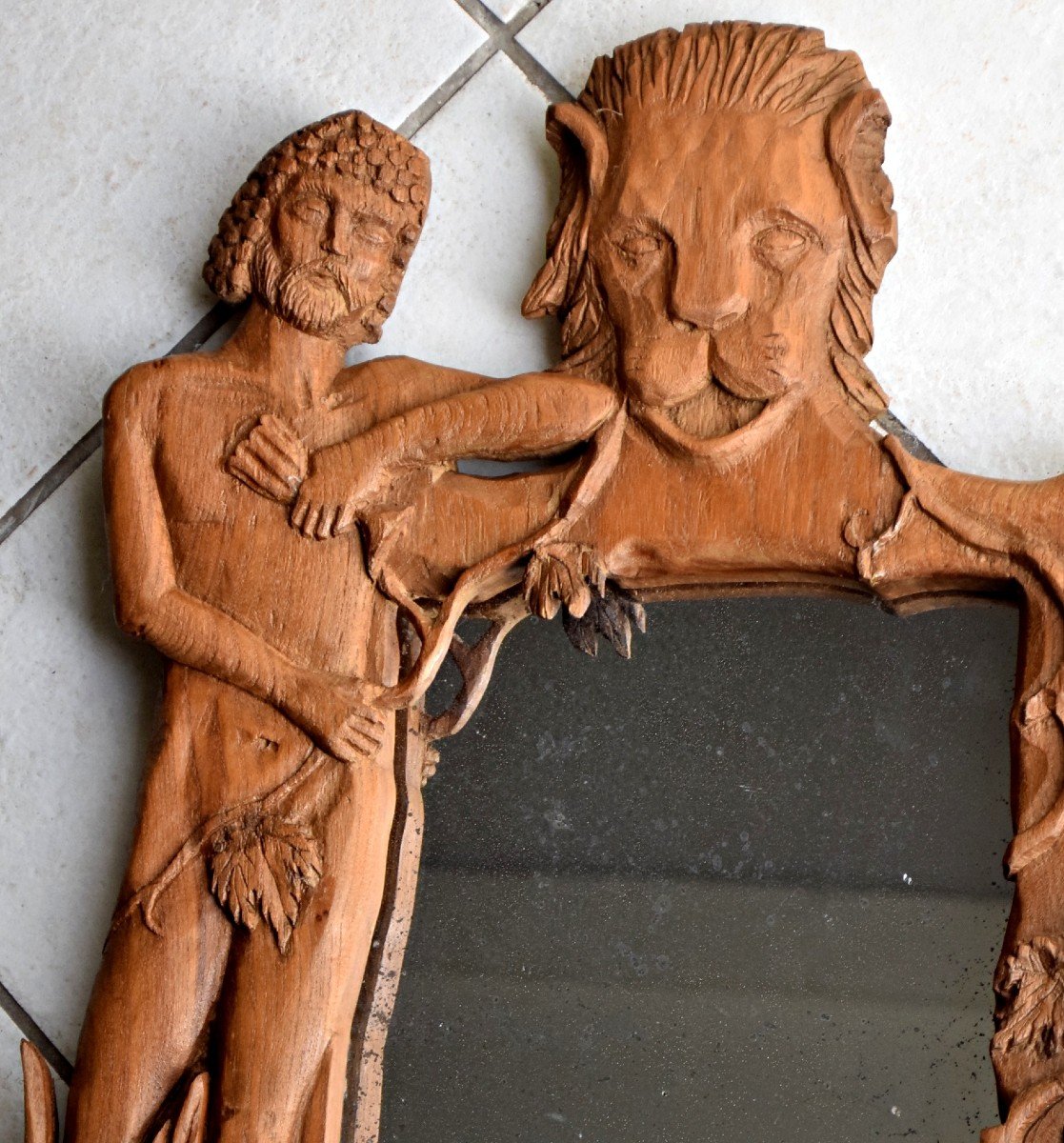 Miroir en bois sculpté Art populaire Bacchus et le lion-photo-2