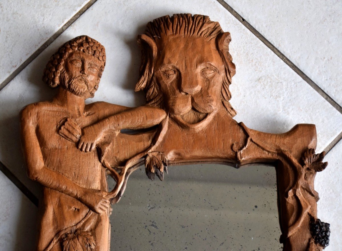 Miroir en bois sculpté Art populaire Bacchus et le lion-photo-3