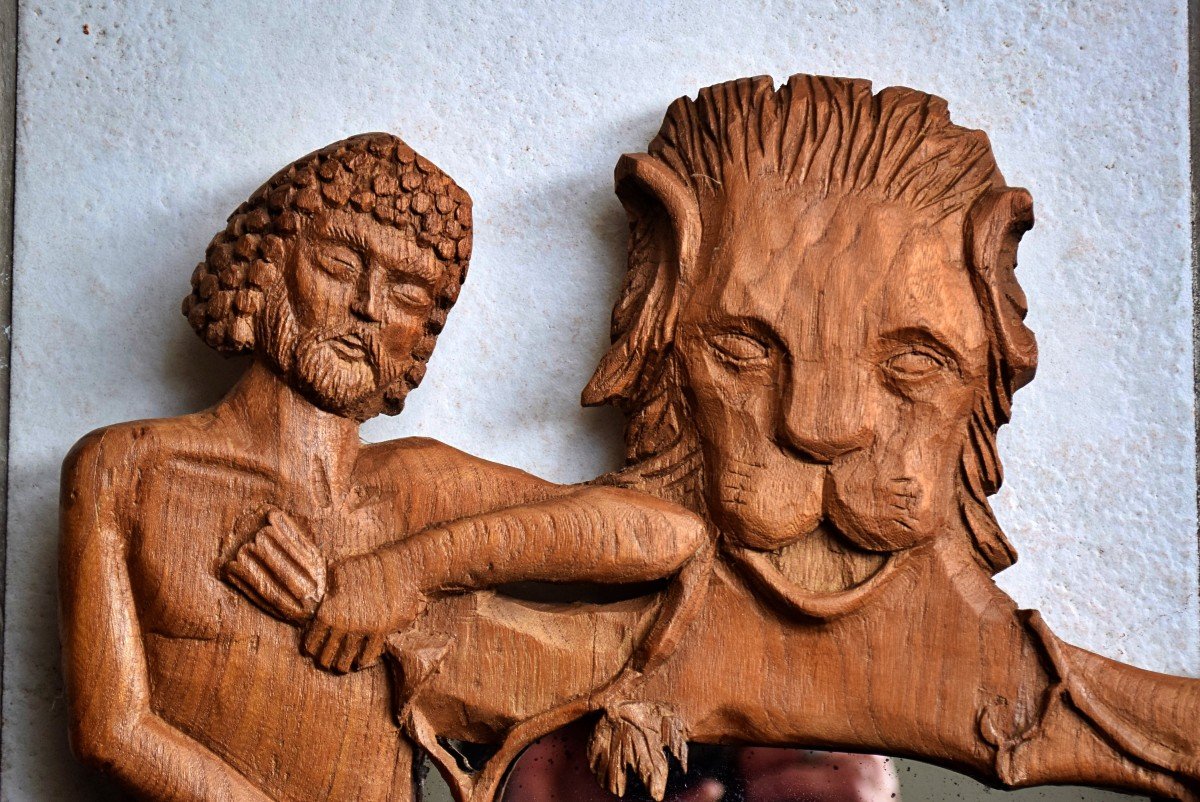 Miroir en bois sculpté Art populaire Bacchus et le lion-photo-4