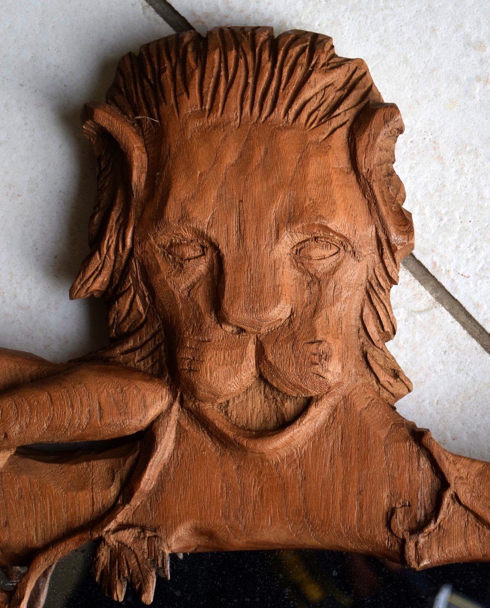 Miroir en bois sculpté Art populaire Bacchus et le lion-photo-6