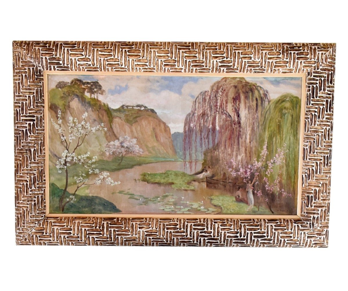 Large Orientalist Painting Asian Landscape, Japan? Halong Bay?-photo-2