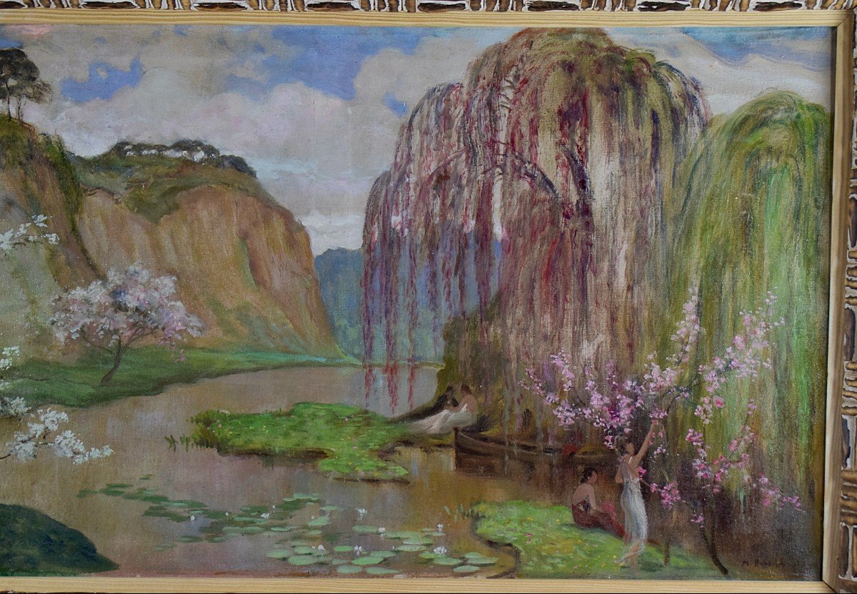 Large Orientalist Painting Asian Landscape, Japan? Halong Bay?-photo-1