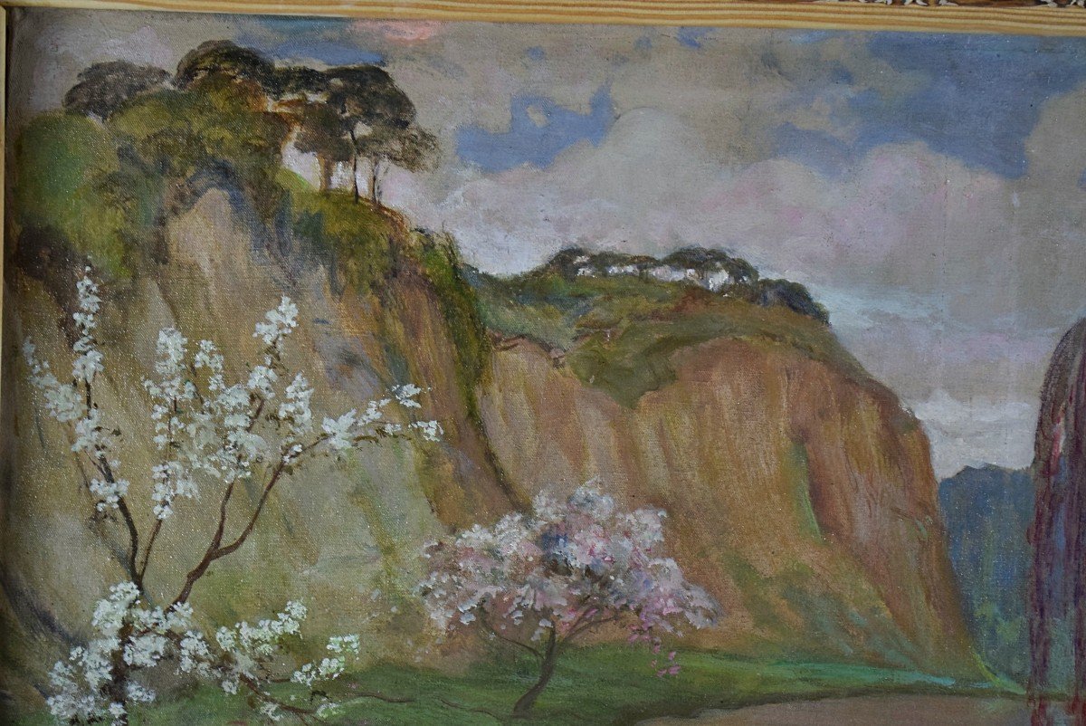 Large Orientalist Painting Asian Landscape, Japan? Halong Bay?-photo-6