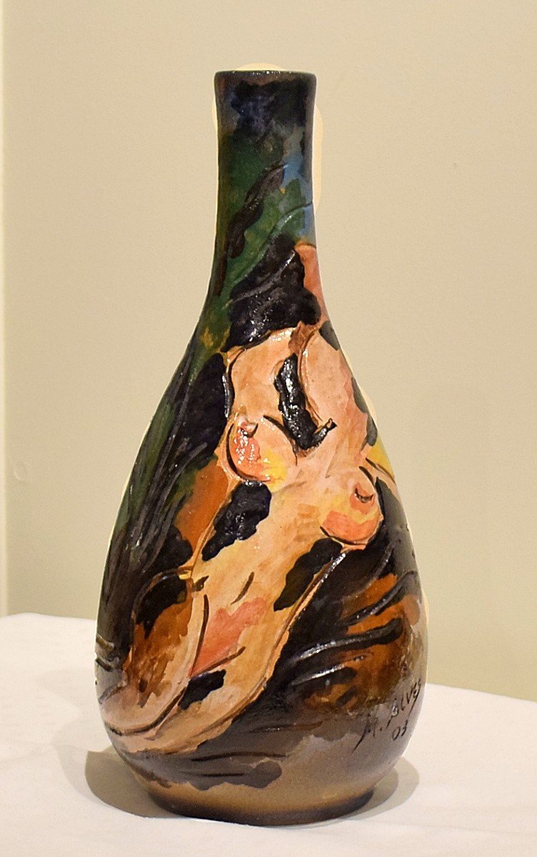 Vase With Female Nude In Glazed Earthenware Signed M. Alves-photo-2