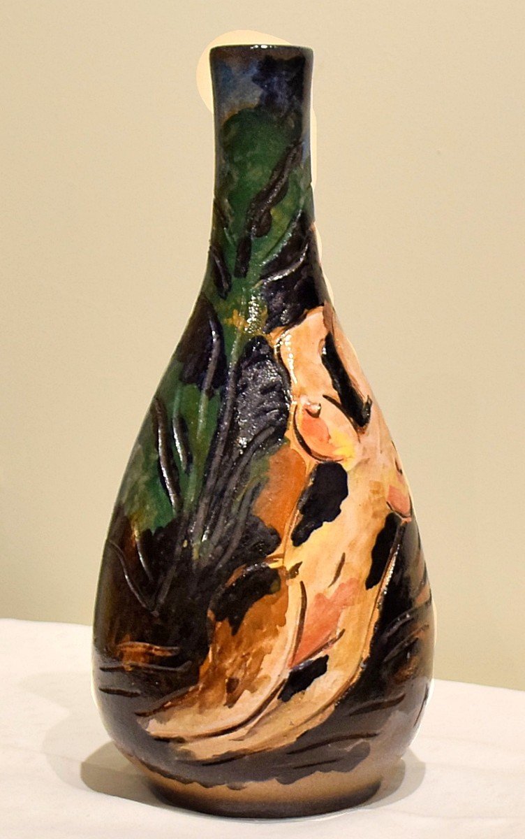 Vase With Female Nude In Glazed Earthenware Signed M. Alves-photo-3