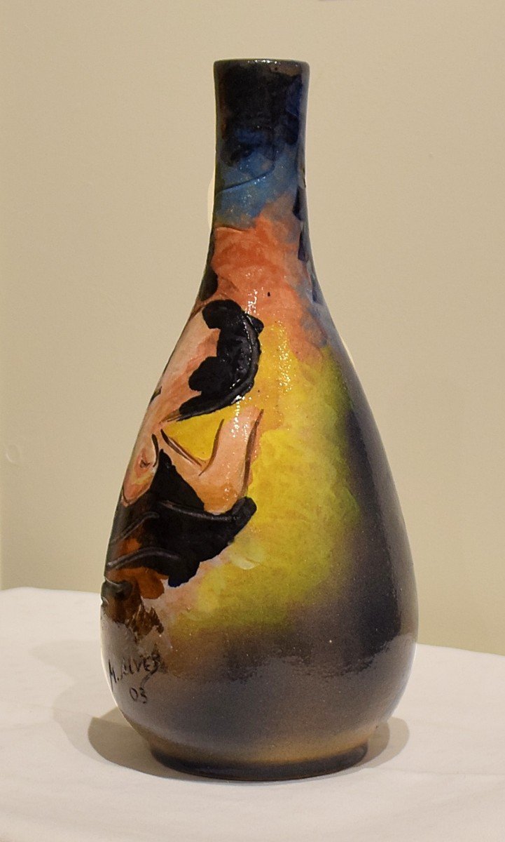 Vase With Female Nude In Glazed Earthenware Signed M. Alves-photo-2