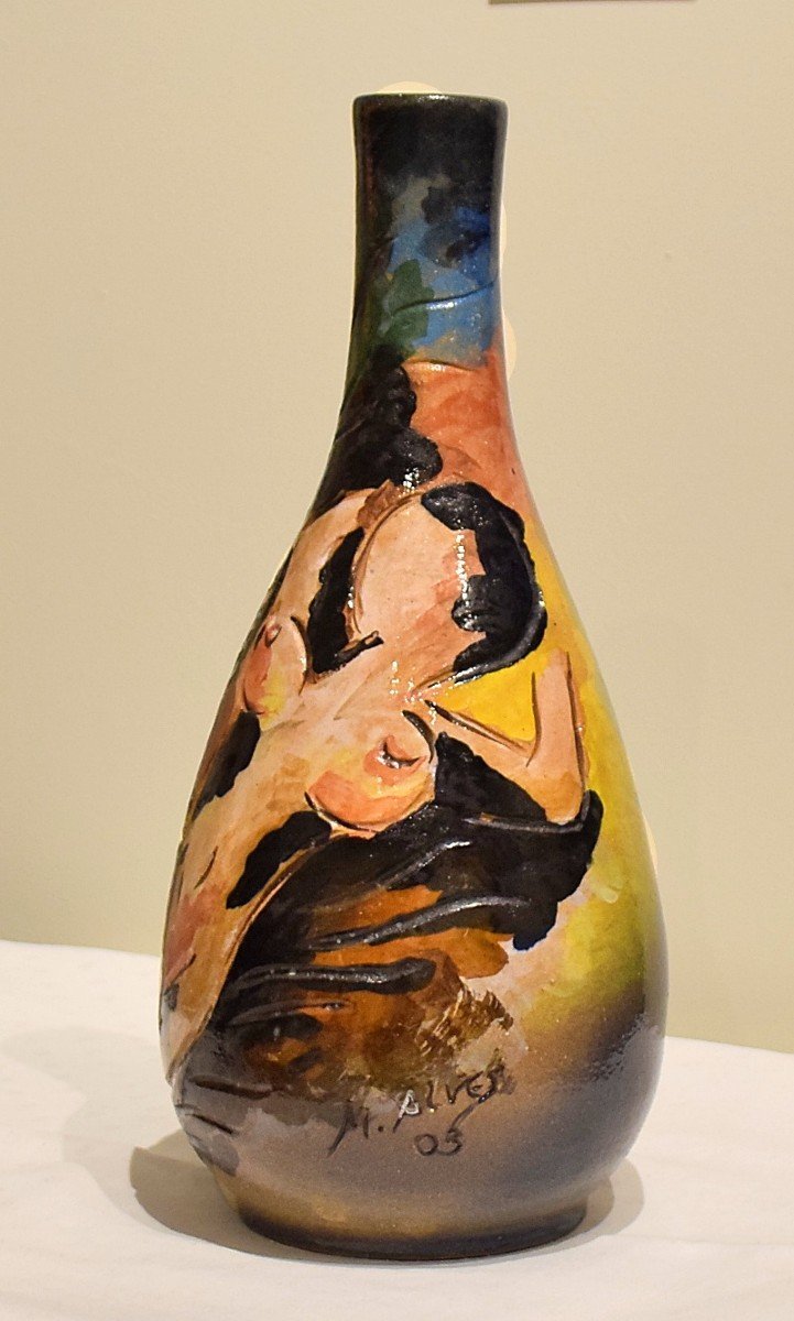 Vase With Female Nude In Glazed Earthenware Signed M. Alves-photo-3