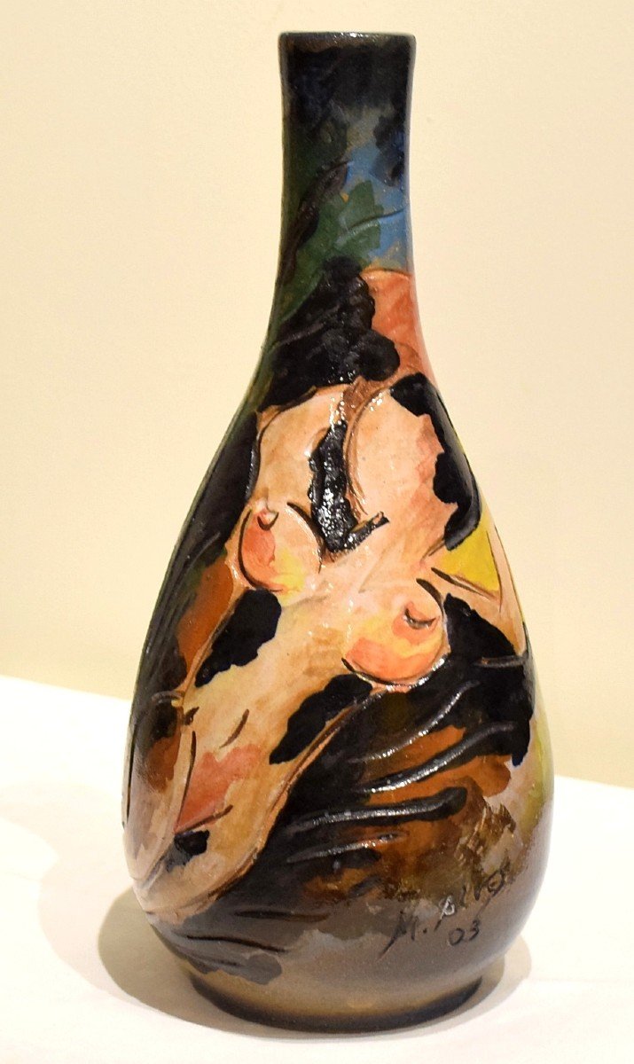 Vase With Female Nude In Glazed Earthenware Signed M. Alves-photo-4