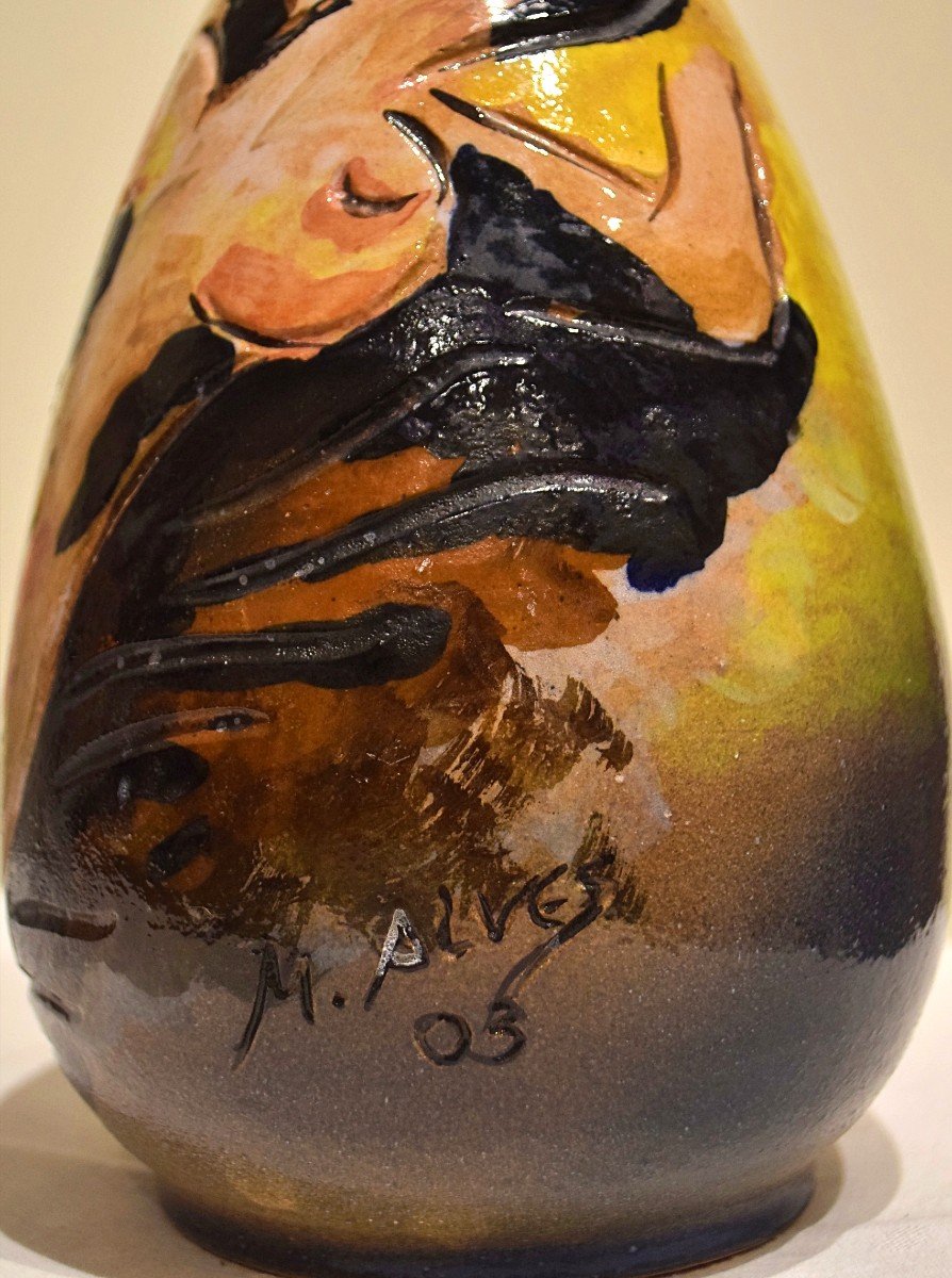 Vase With Female Nude In Glazed Earthenware Signed M. Alves-photo-5