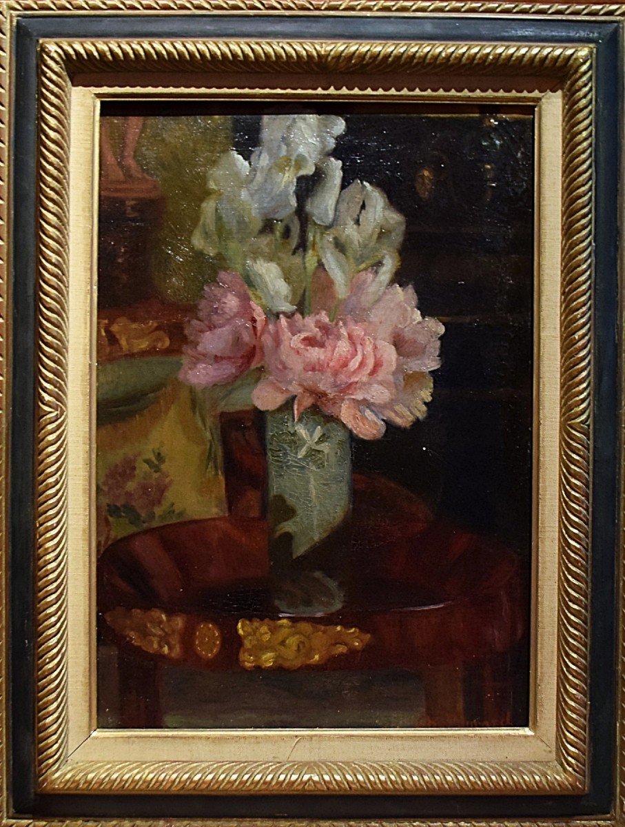 Charles Peyrard Bouquet de fleurs dans un intérieur bourgeois XIXè-photo-2