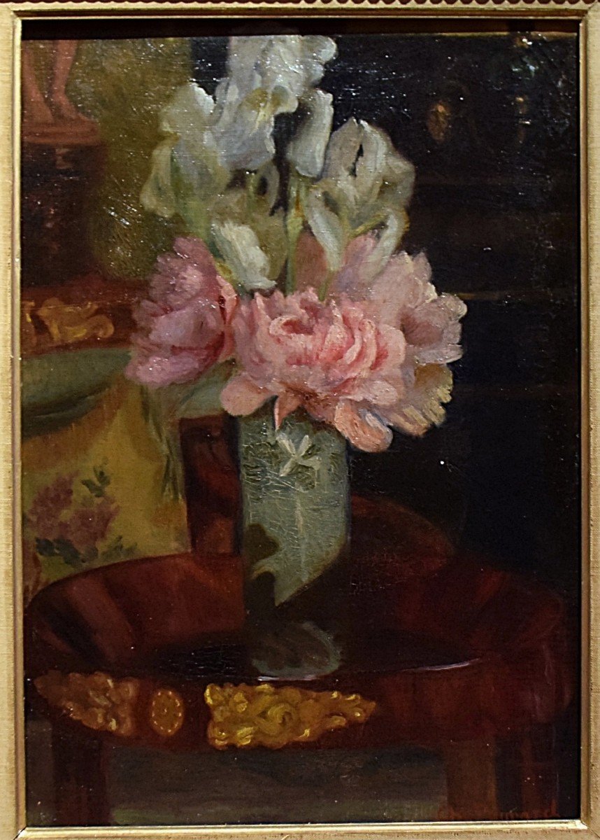 Charles Peyrard Bouquet de fleurs dans un intérieur bourgeois XIXè-photo-3