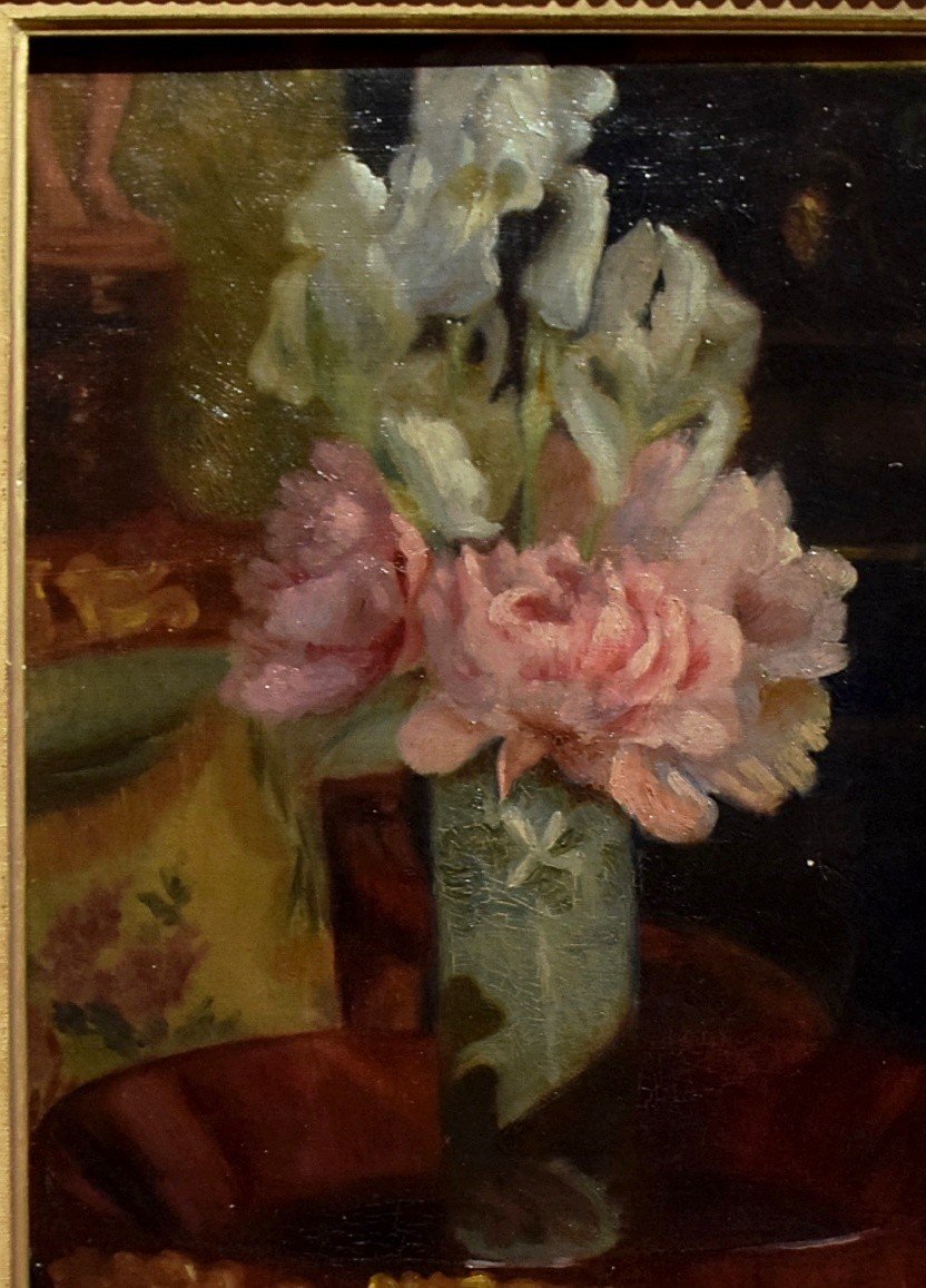 Charles Peyrard Bouquet de fleurs dans un intérieur bourgeois XIXè-photo-2