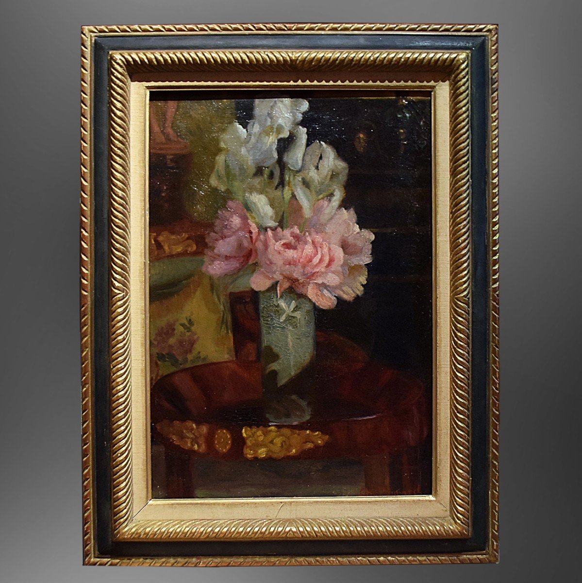 Charles Peyrard Bouquet de fleurs dans un intérieur bourgeois XIXè