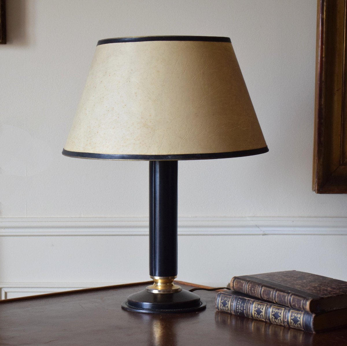 Le Tanneur Leather And Gilded Brass Desk Lamp Circa 1960-photo-2