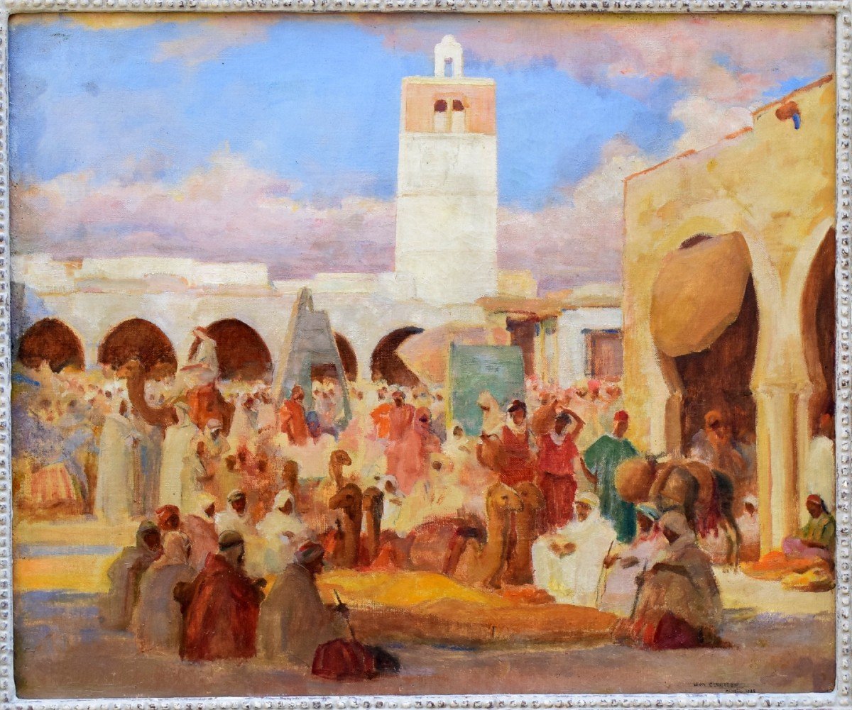 Léon Charles Canniccioni Orientalist Painting 1935 Lively Square In North Africa-photo-2