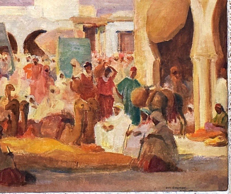 Léon Charles Canniccioni Orientalist Painting 1935 Lively Square In North Africa-photo-1