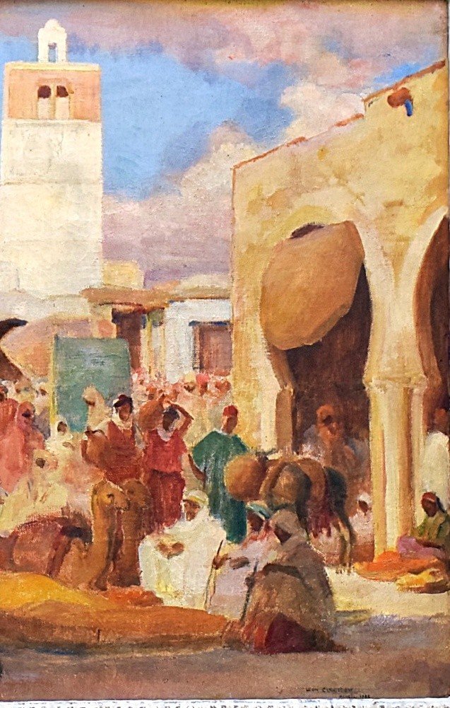 Léon Charles Canniccioni Orientalist Painting 1935 Lively Square In North Africa-photo-2