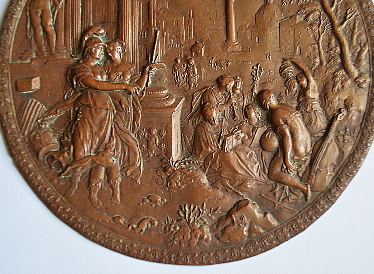 19th Century Copper Medallion “minerva Leading The Allegory Of Painting To The Liberal Arts”-photo-2