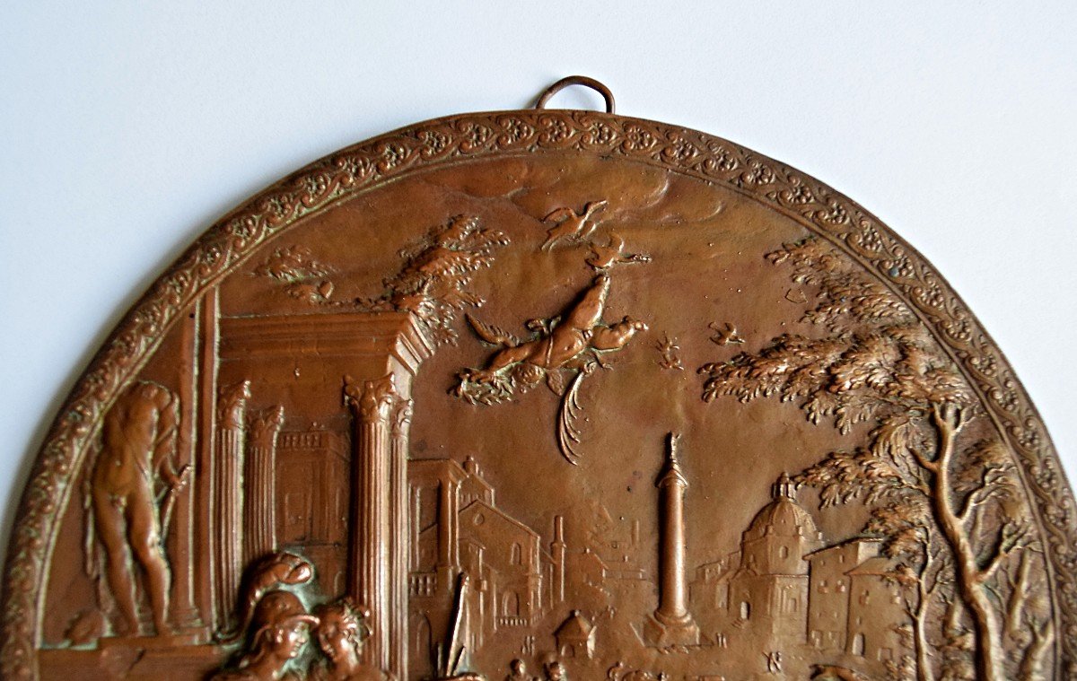 19th Century Copper Medallion “minerva Leading The Allegory Of Painting To The Liberal Arts”-photo-3