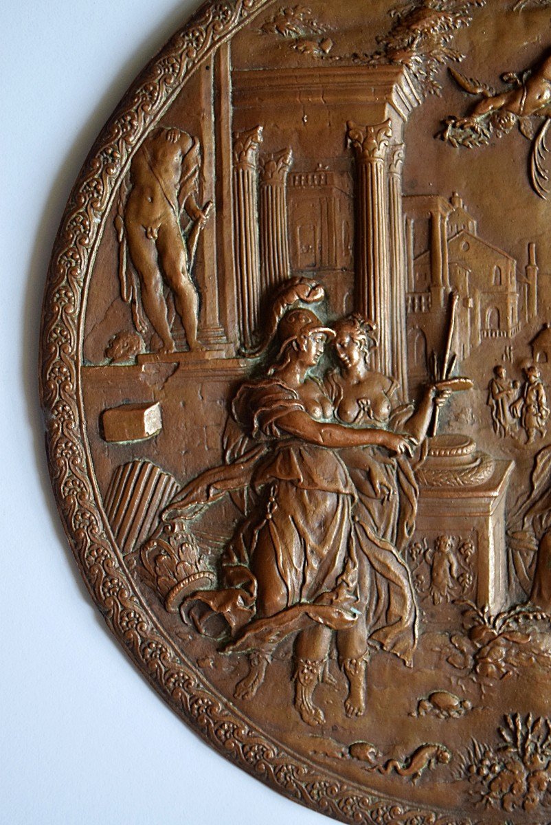 19th Century Copper Medallion “minerva Leading The Allegory Of Painting To The Liberal Arts”-photo-4