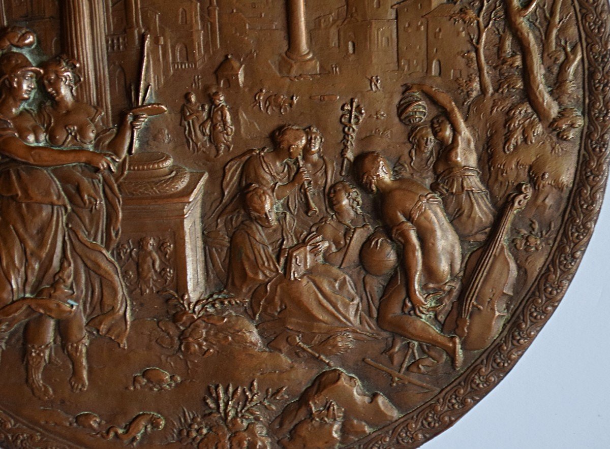 19th Century Copper Medallion “minerva Leading The Allegory Of Painting To The Liberal Arts”-photo-2