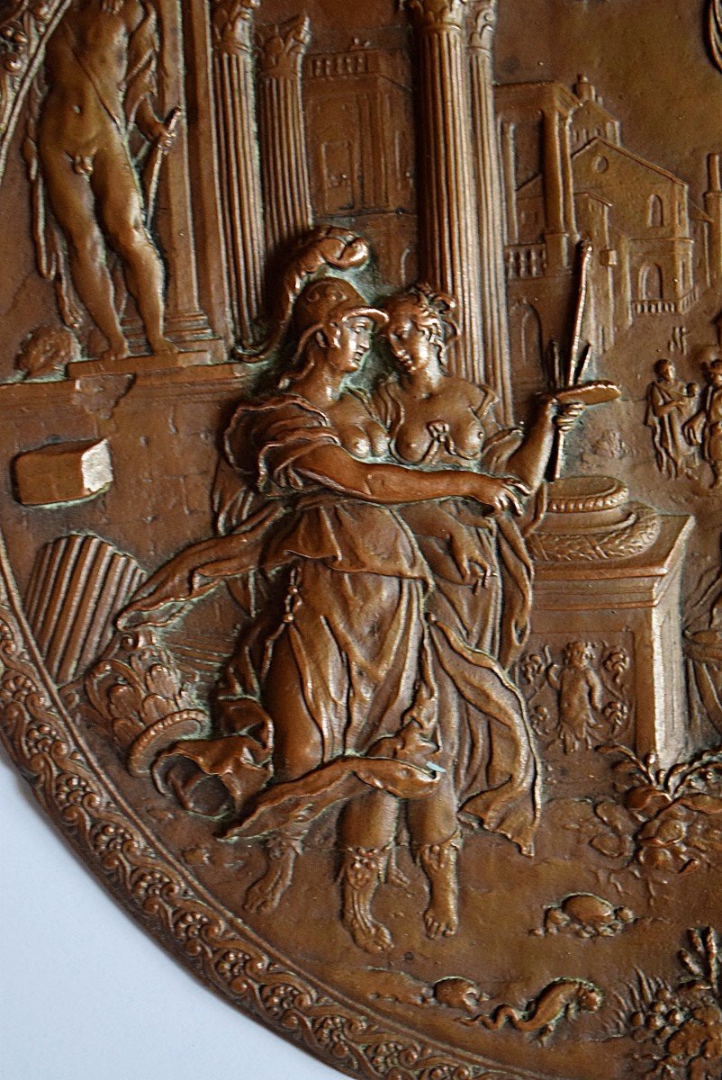 19th Century Copper Medallion “minerva Leading The Allegory Of Painting To The Liberal Arts”-photo-3