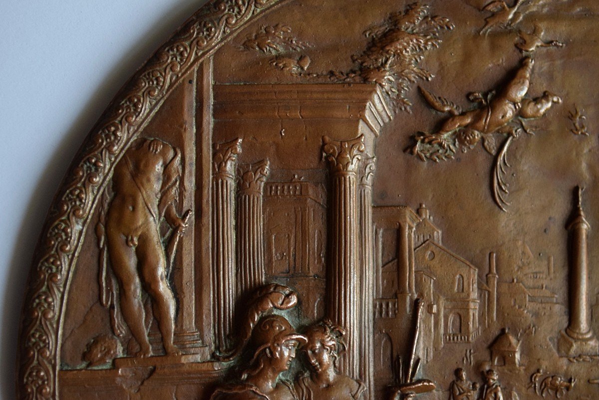 19th Century Copper Medallion “minerva Leading The Allegory Of Painting To The Liberal Arts”-photo-5