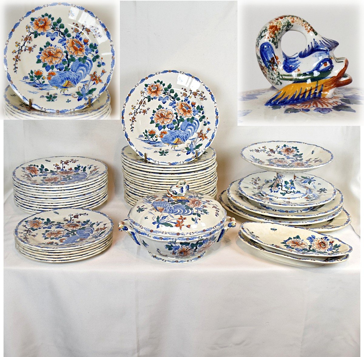 Gien Earthenware Service Rooster And Peonies 46 Pieces