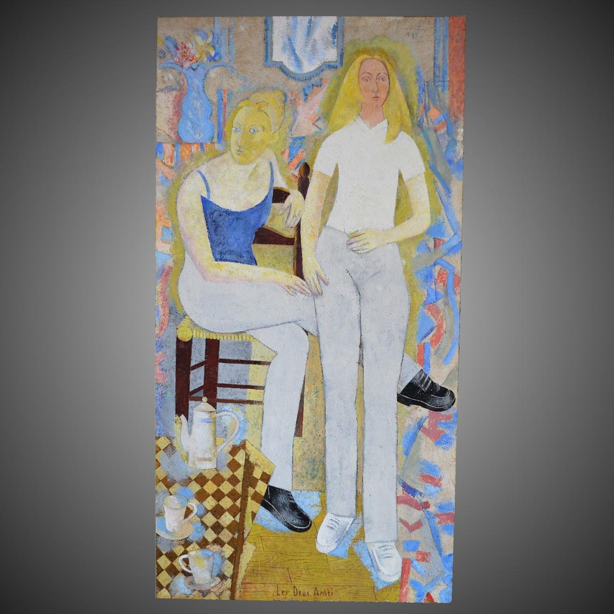 Grande Peinture Post-cubiste "les Deux Amies" 1949