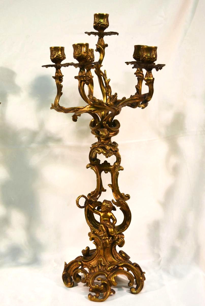 Grande paire de Cand&eacute;labres Bronze Style Louis XV Candelabres XIX&egrave;me-photo-2