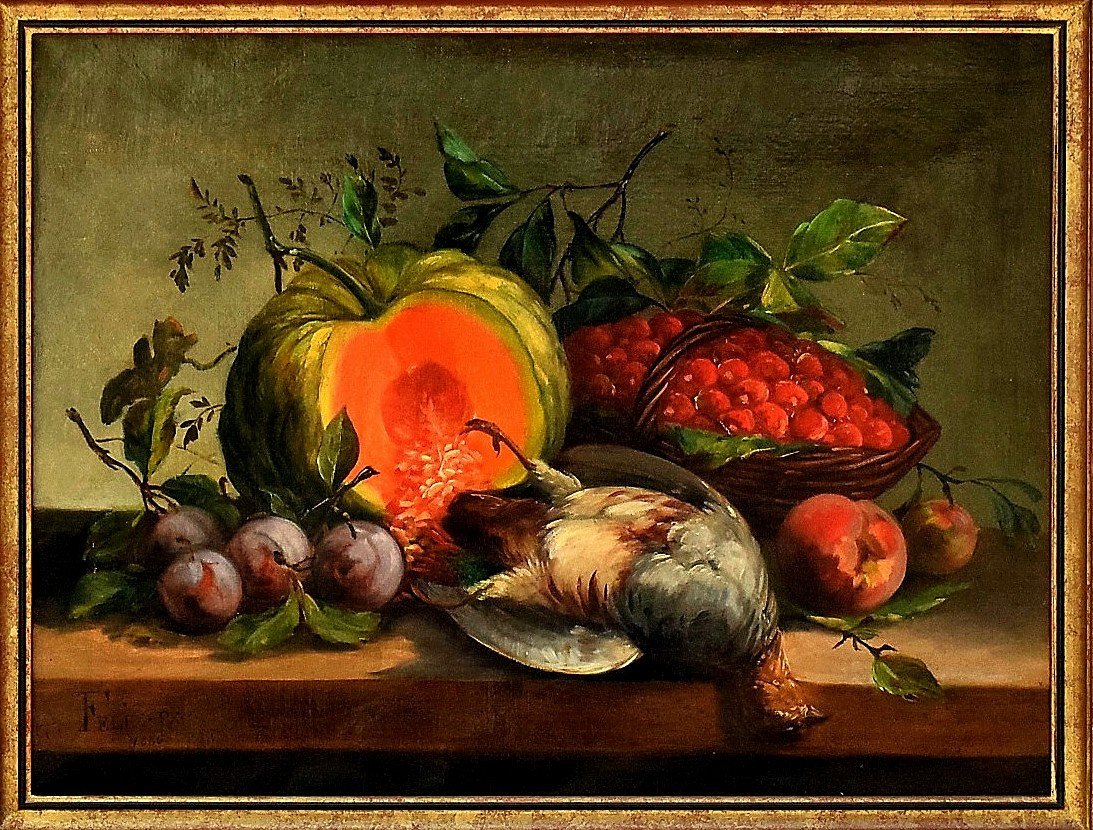 Nature morte &agrave; la perdrix, au potiron et aux fruits, dat&eacute;e 1886-photo-2