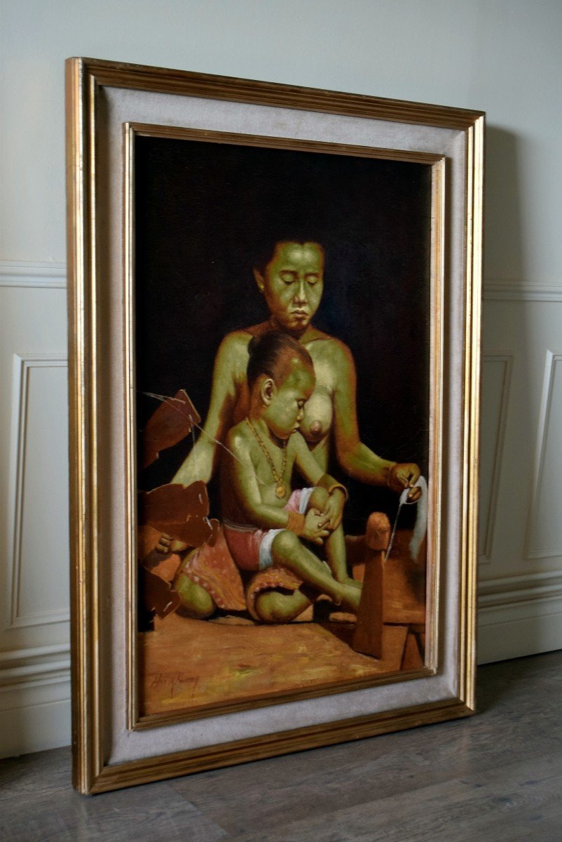 Large Painting Asian Spinner And Her Child-photo-4