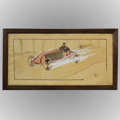 Lithography Gouache R.turiault "renault Race Paris-madrid" In 1903