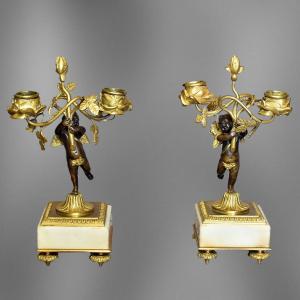 Pair Of Candlesticks, Bronze And Marble Candlesticks With Cherubs, Putti, Cupids